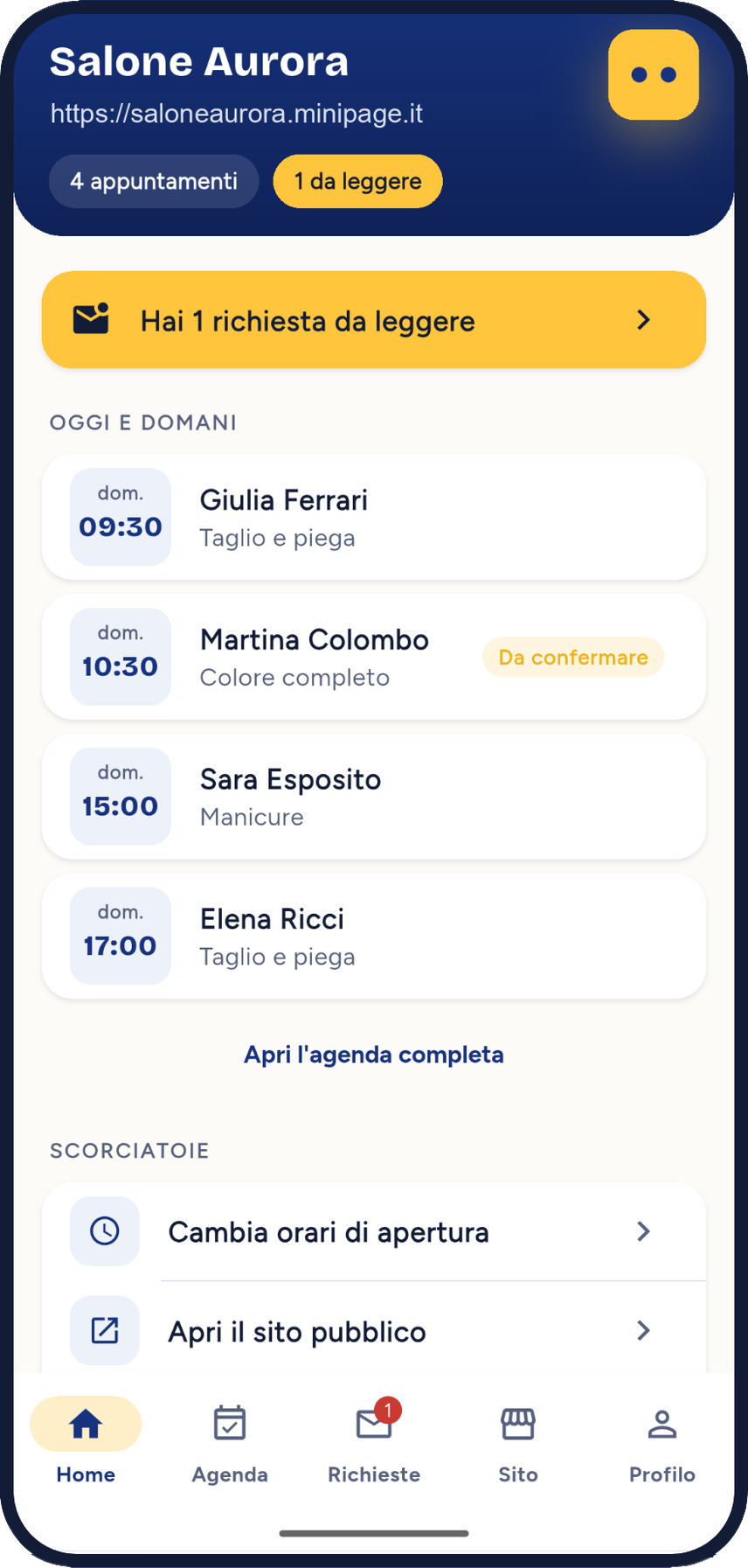 L’app MiniPage: agenda degli appuntamenti, richieste dei clienti e scorciatoie per gestire orari e sito.